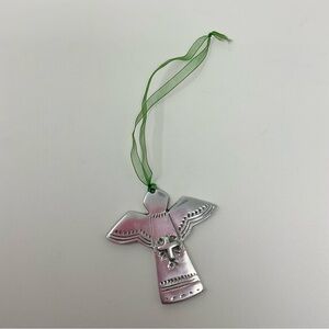 Silver Angel Ornament with Green Ribbon